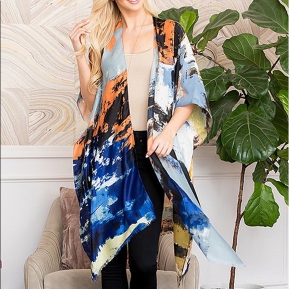 Riah Fashion blue distressed paint splatter open front layering kimono shawl - Picture 1 of 15